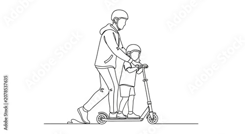 Father and child riding scooter together outdoors.