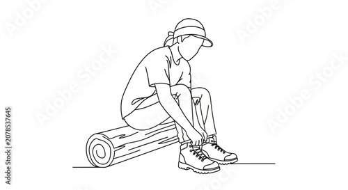 Person tying shoelaces while sitting on a log.