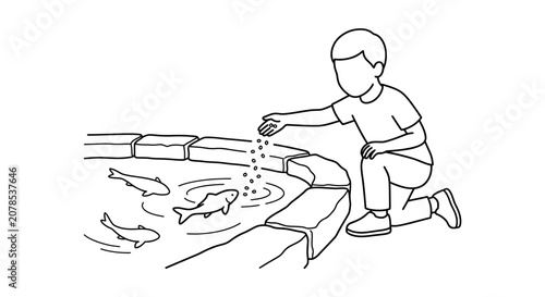 Child playing by the water with toy fish.