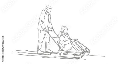 Child and adult pulling a wooden sled in winter.
