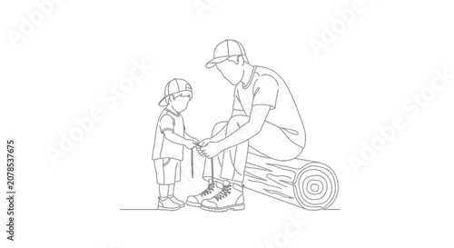 Construction worker teaching child to use tools safely.
