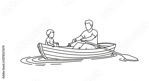 Father and child rowing a small boat together.