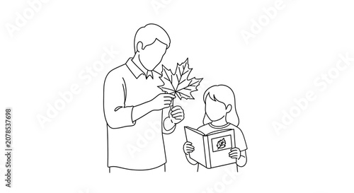 Man and child holding leaves and book illustration.