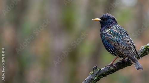 European starling perched on a mossy branch with iridescent plumage
