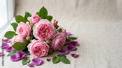 Bouquet of pink english roses on neutral linen background