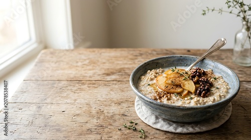Oatmeal porridge with sliced apples and walnuts on a rustic table