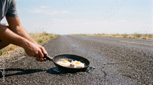 Close up of a sunny side up fried egg cooking in a hot pan, global warming heatwave concept