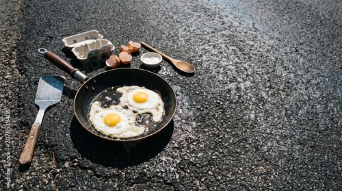 Flat lay fried egg hot pan heatwave concept