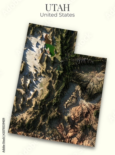 Utah shaded relief map, 3D terrain map illustration of Utah, United States, hillshaded physical geography.