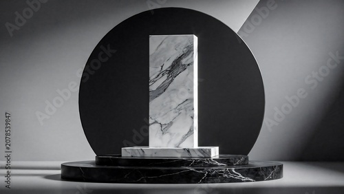 Luxury marble podium with vertical display panel on black geometric background for premium product branding mockup