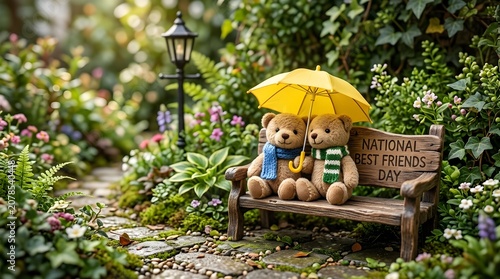 Two Teddy Bears on Miniature Bench Under Yellow Umbrella for 'National Best Friends Day'
