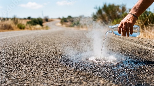 Close Up of Hand Pouring Water from Bottle onto Hot Asphalt Road with Rising Steam as Extreme Heatwave Concept