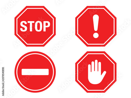 Картината върху платно Red stop sign collection with exclamation mark and hand gesture, flat vector war