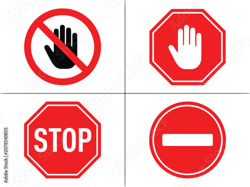 Картината върху платно Red stop sign icons set, hand gesture prohibition symbols, octagonal traffic war