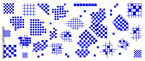 Abstract Blue Pixelated Patterns and Grids on White Background