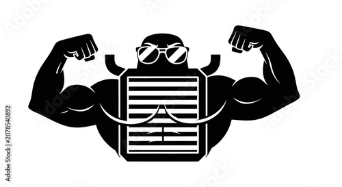 Muscular Book Character Flexing Biceps with Sunglasses and Mustache - Strong Knowledge Symbol