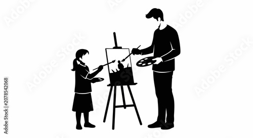 Artist teaching child to paint on canvas.