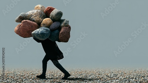 Person Carrying Heavy Load of Rocks on Their Shoulders