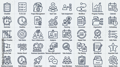 Business icons illustrate various office tasks and workflows daily