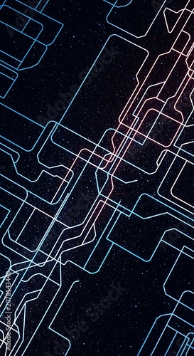 Futuristic Circuit Board Technology Background with Neon Lines.