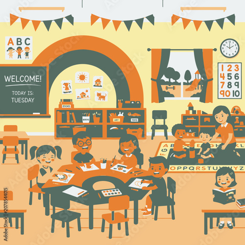 Children sitting at school desks learning.