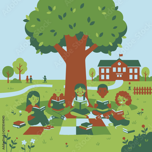 children sitting under a tree reading.