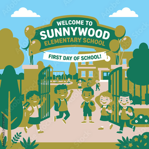 Children walking through school gate.