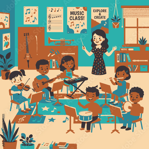 Children playing musical instruments with teacher.