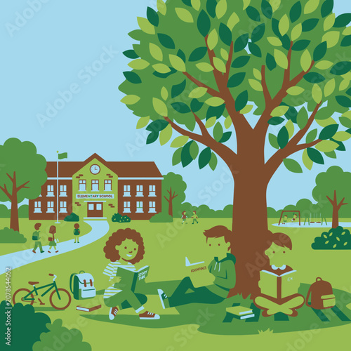 Children sitting under a tree reading.