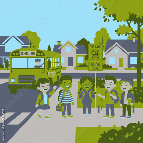 Children standing on sidewalk near school bus.
