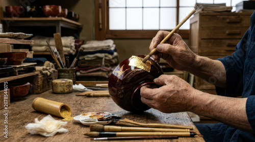 Artisan applying gold leaf to a lacquered bowl.