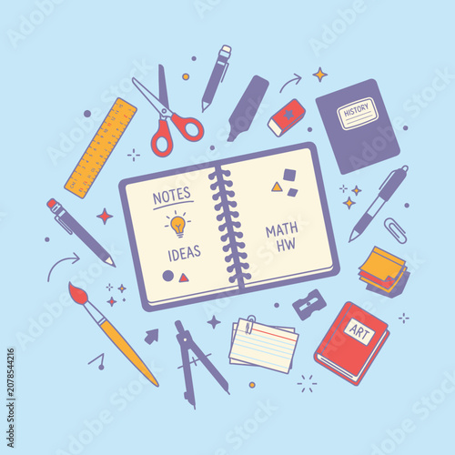Colorful school supplies and notebook.