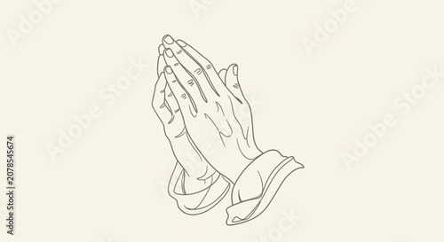 Outlined hands in prayer pose on neutral background for spirituality concept