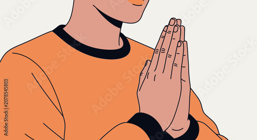 Person praying with hands clasped in front of chest in a flat illustration