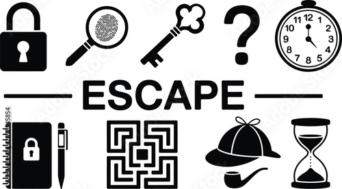 Foto Escape room mystery game set with various related objects and text illustration