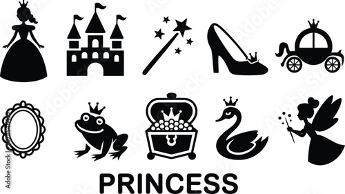 Photos Princess themed flat vector icon set for invitations and party decorations