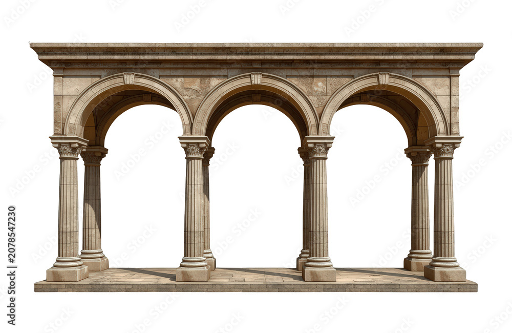 Fototapeta premium Classical arcade architecture rendering with arches and columns on transparent background symbolizing history and stability