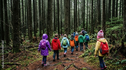Group of diverse children in colorful raincoats and backpacks hiking on a trail through a dense pine forest during an outdoor educational field trip.