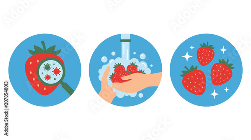 Three flat icons showing the process of cleaning dirty strawberries under running water for safety
