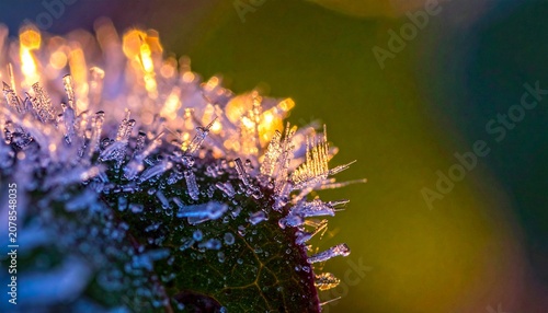 Golden sunlight illuminating sharp ice crystals on a leaf, capturing the quiet essence of a cold winter morning sunrise