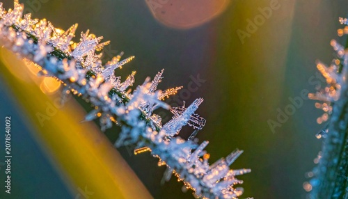Macro close up of ice frost crystals on green grass leaf in winter morning sunrise