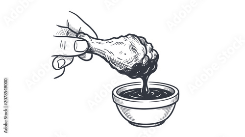 Hand dipping a crispy fried chicken drumstick into a small bowl of savory dark sauce