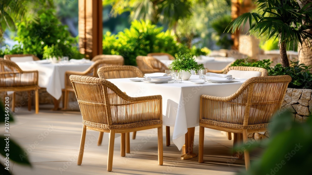 Fototapeta premium Luxurious resort restaurant patio bathed in golden sunlight, featuring elegant white tables and wicker chairs