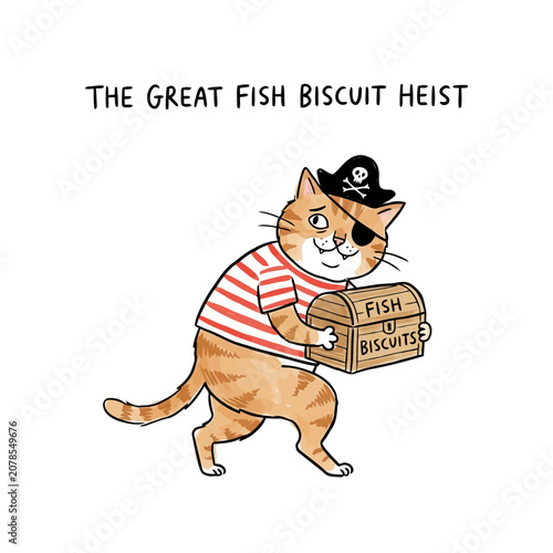 Foto Cute orange tabby cat dressed as pirate holding wooden treasure chest with biscuits label