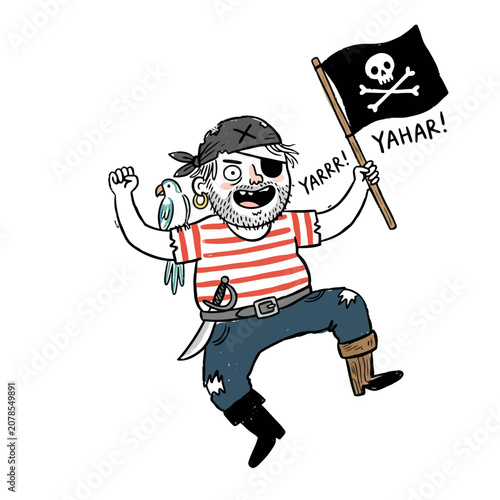 Konstfotografi Cartoon pirate with a parrot, holding a jolly roger flag and yelling yarrr! yahar!