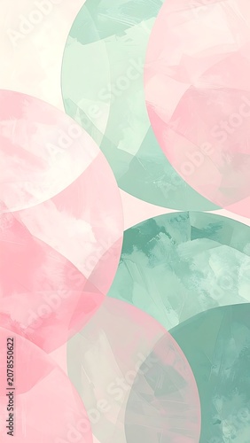 A pastel-colored abstract composition featuring overlapping translucent pink and green circles