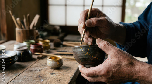 Artisan hands carefully painting a ceramic bowl with a brush.