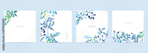 水彩ブルーリーフのボタニカルフレームセット 背景素材Watercolor Blue Botanical Frame Set Collection