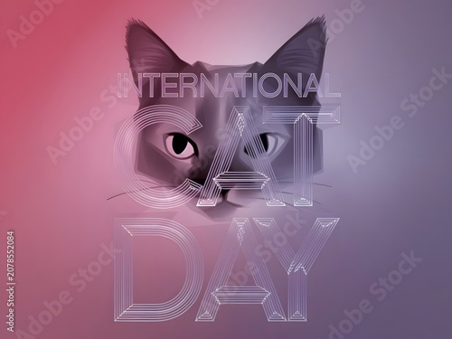 International Cat Day creative poster with layered text and transparent cat face silhouette, modern minimalist layout