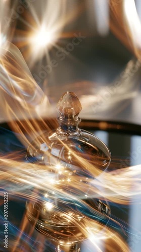 Luxury amber perfume bottle glowing with warm golden reflections, perfect for fragrance branding, cosmetic advertising, beauty campaigns and premium lifestyle.